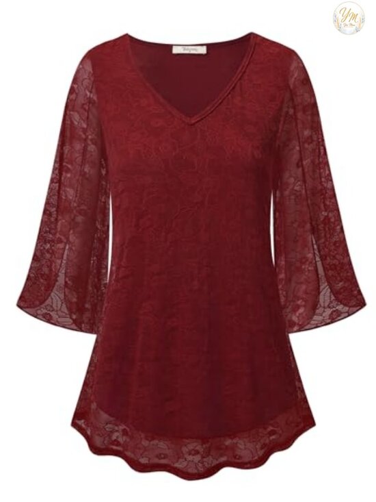 Tops - Women's Sheer Ruffle 3/4 Sleeve V Neck Floral Mesh Tunic Blouse Flowy Loose Fit